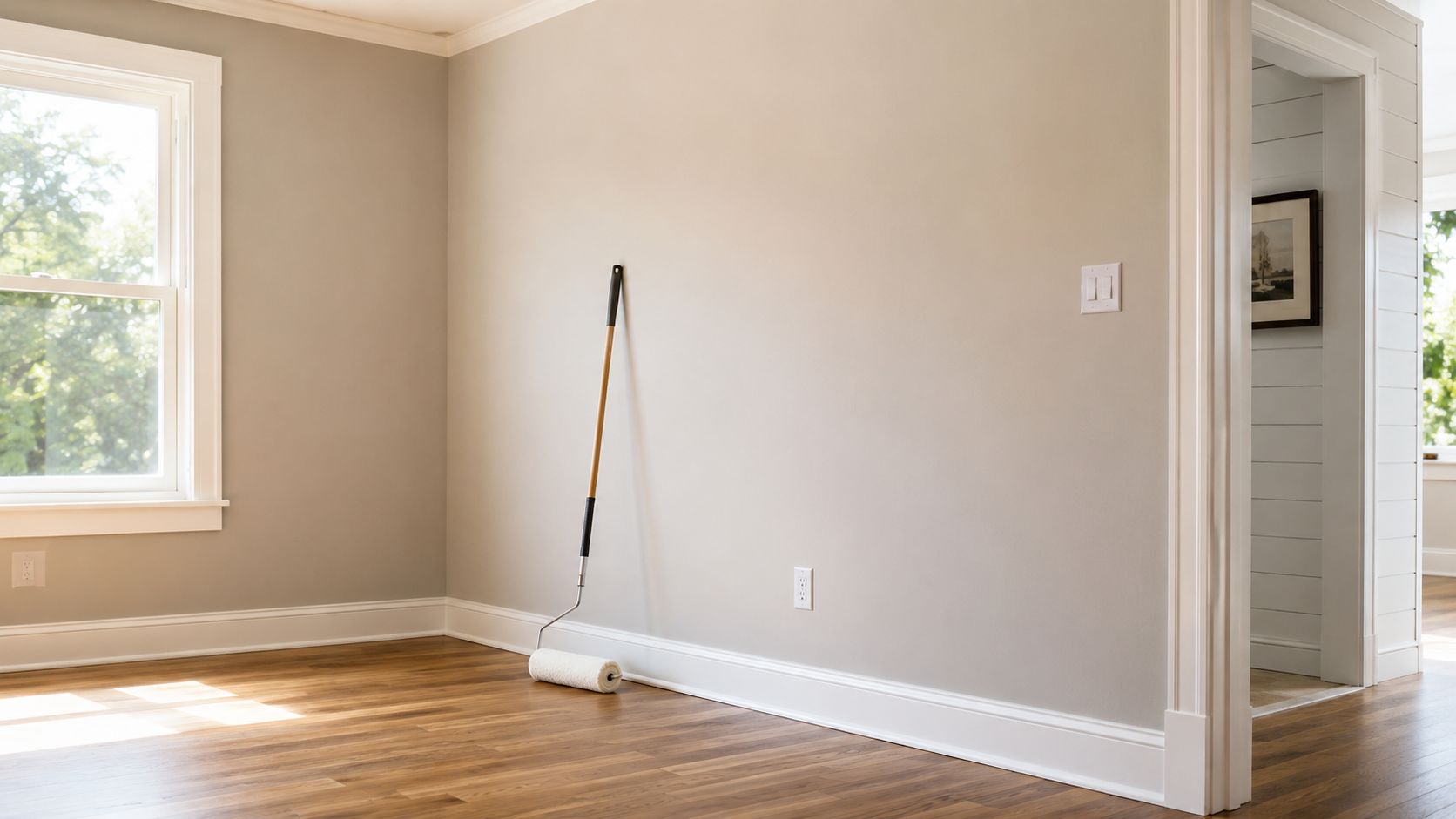 A paint roller stands against a freshly painted wall in a bright, modern, empty room with hardwood floors.
