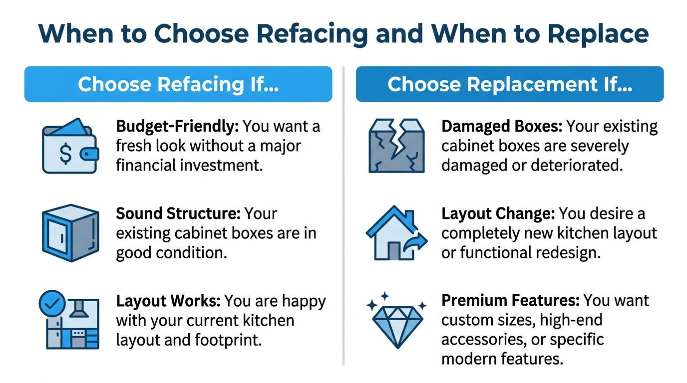 A comparison chart outlining the key factors to consider when choosing between kitchen cabinet refacing or replacement.
