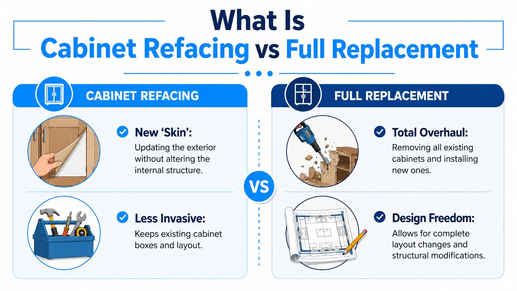 An infographic comparing cabinet refacing versus full kitchen cabinet replacement through visual icons and descriptive text.