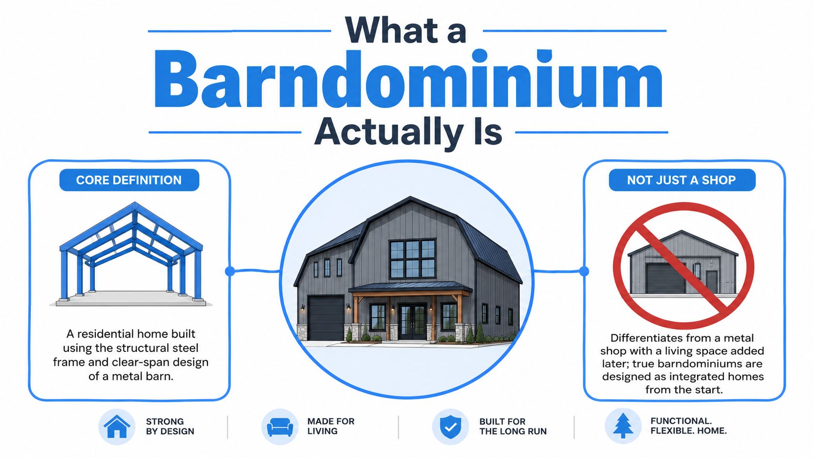 An infographic defining a barndominium as a residential home built with a structural steel frame and clear-span design.
