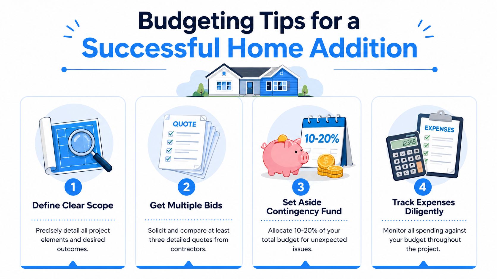 An infographic titled Budgeting Tips for a Successful Home Addition providing four steps for managing project costs.