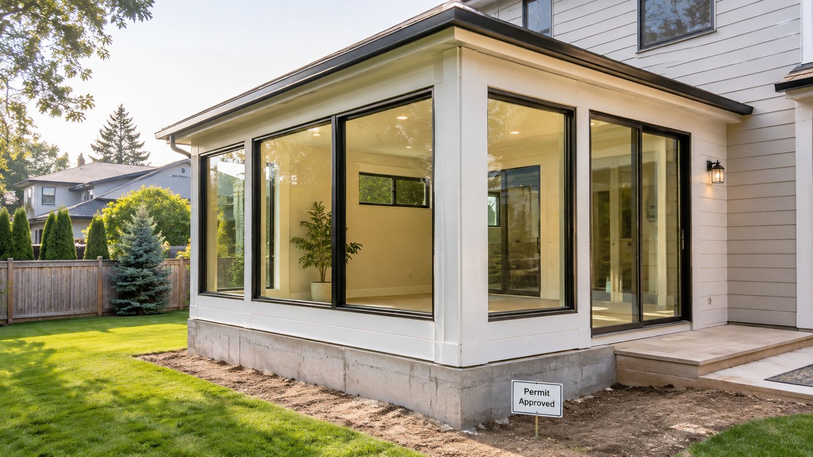 A modern home addition featuring floor-to-ceiling windows, white trim, and concrete foundation in a landscaped backyard.