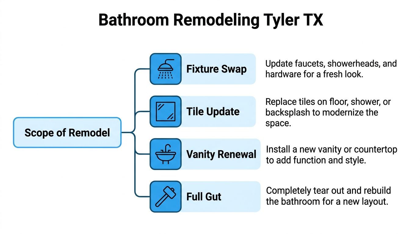 A flowchart infographic titled Bathroom Remodeling Tyler TX outlining services like fixture swaps and full gut remodels.
