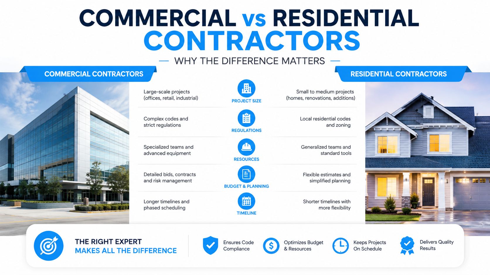 An infographic comparing commercial and residential contractors across project size, regulations, resources, budget, and timeline.