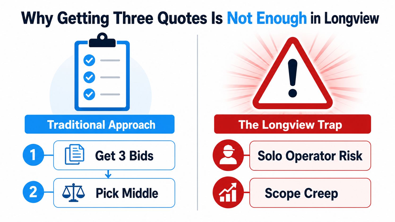 An infographic comparing the traditional three-bid approach to the risks of hiring contractors in Longview, Texas.