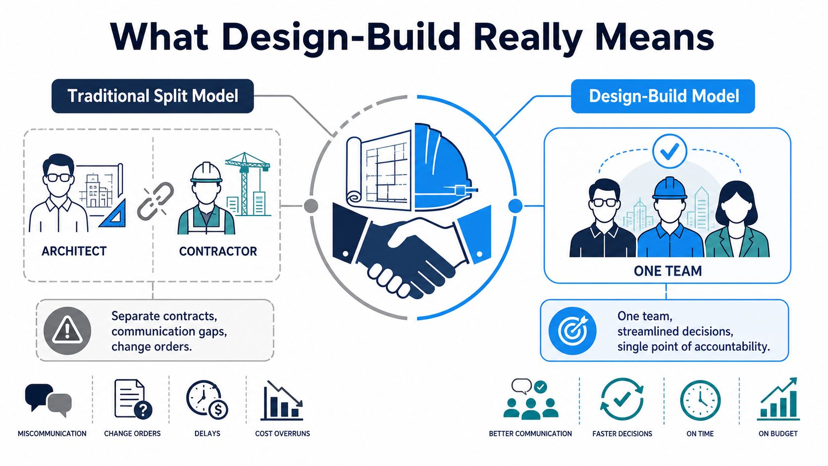 A comparison infographic showing the differences between the Traditional Split Model and the Design-Build Model for construction projects.