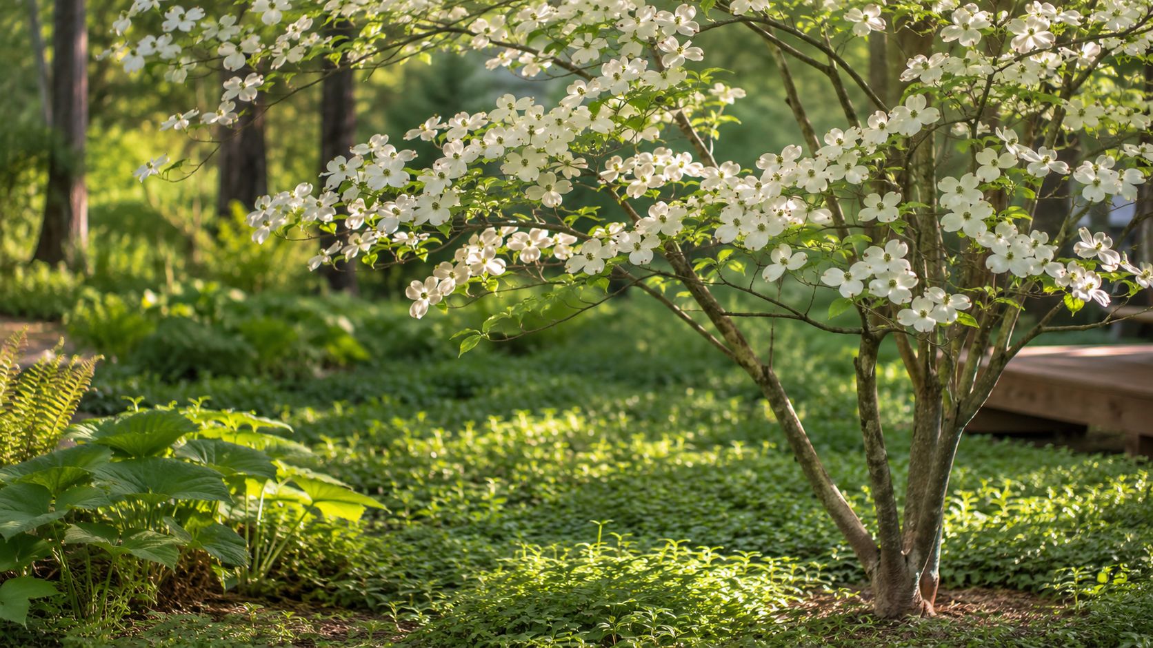 A beautiful flowering dogwood tree in full bloom with white blossoms in a lush green garden setting.