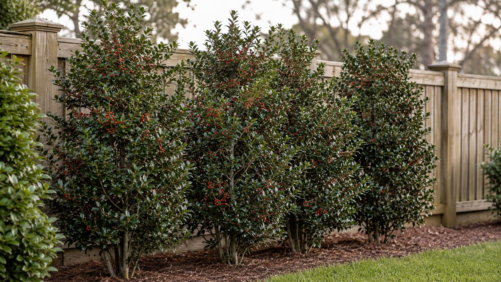 A line of evergreen holly bushes with bright red berries planted in front of a wooden fence.