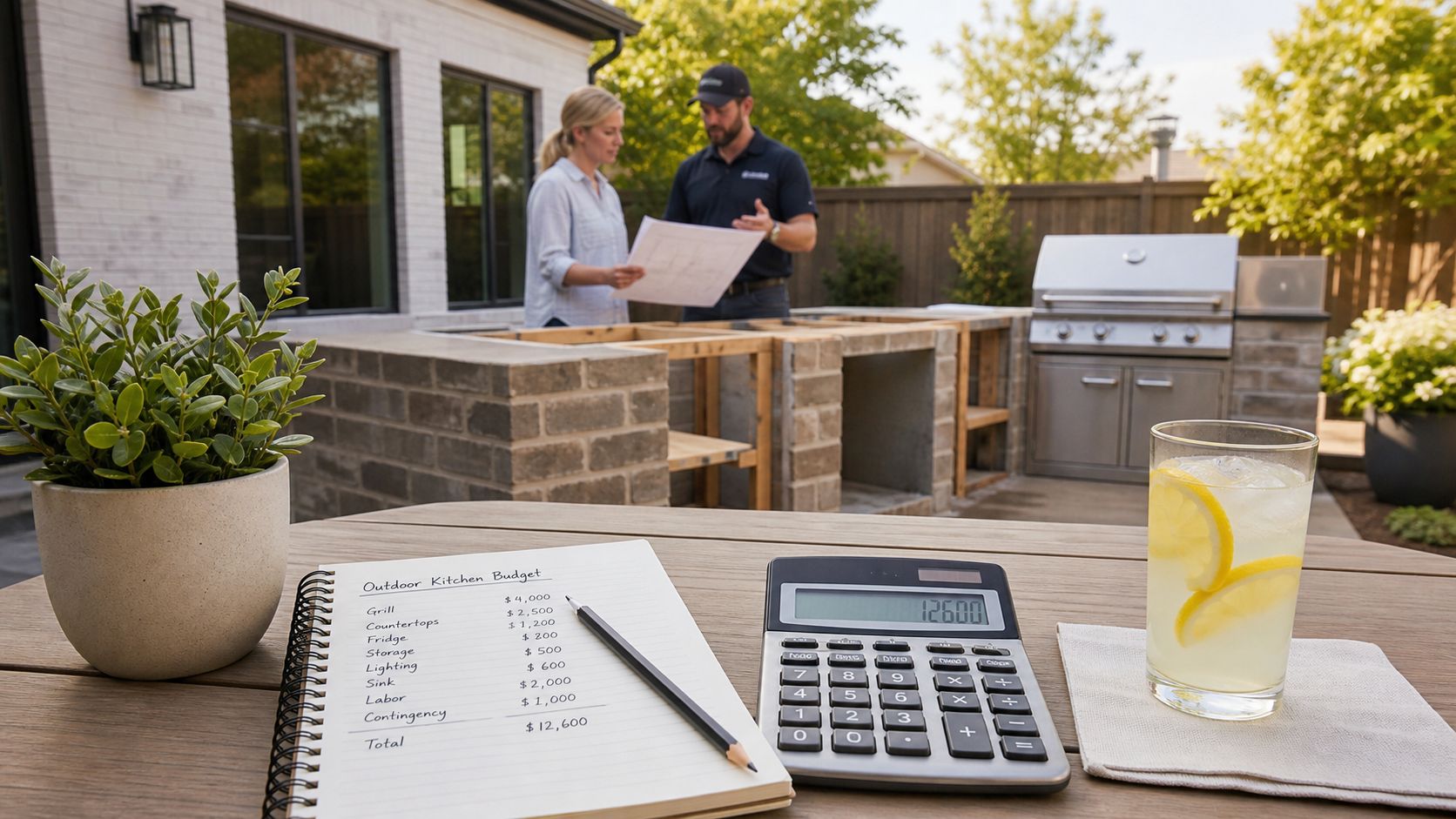 A woman and a contractor discuss outdoor kitchen plans with a budget sheet on a table.