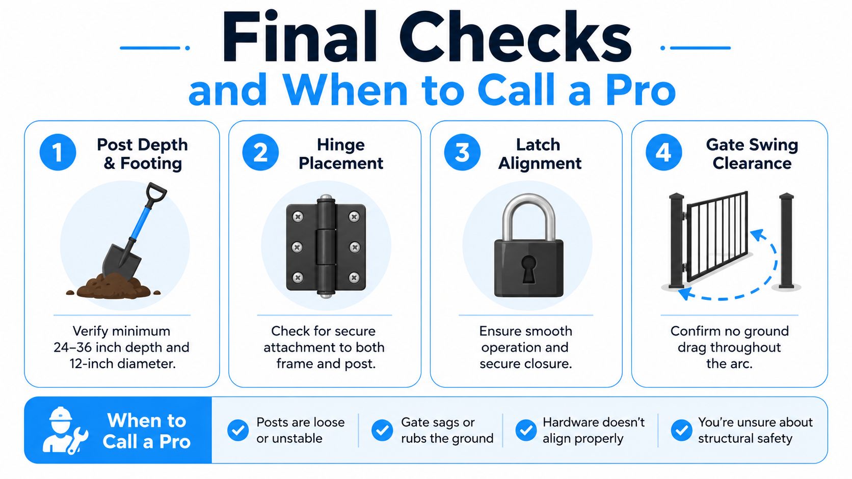 An instructional infographic detailing final inspection steps for installing a gate and when to contact professionals.