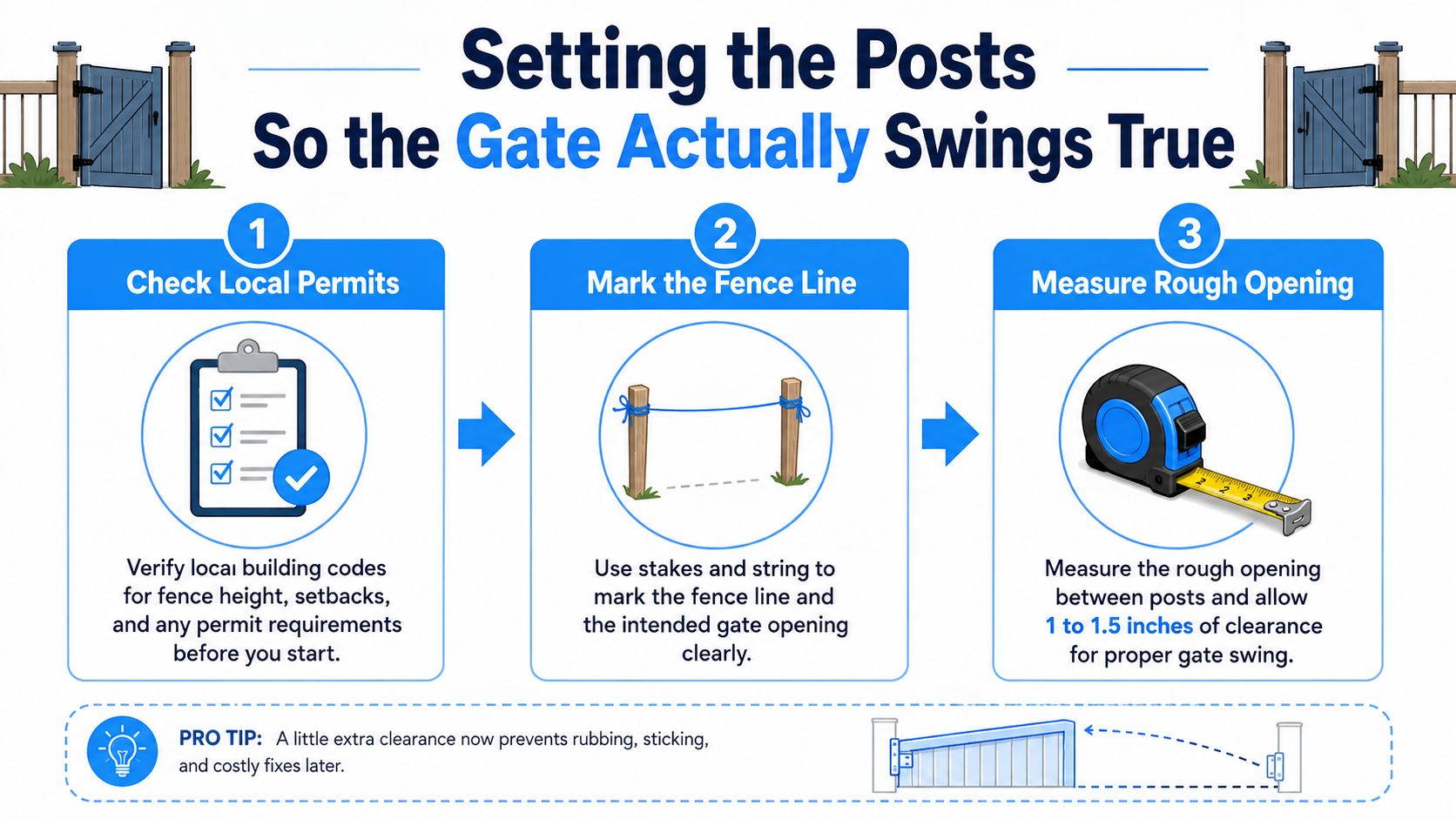 An infographic showing a three-step guide on how to properly set fence posts for a gate.