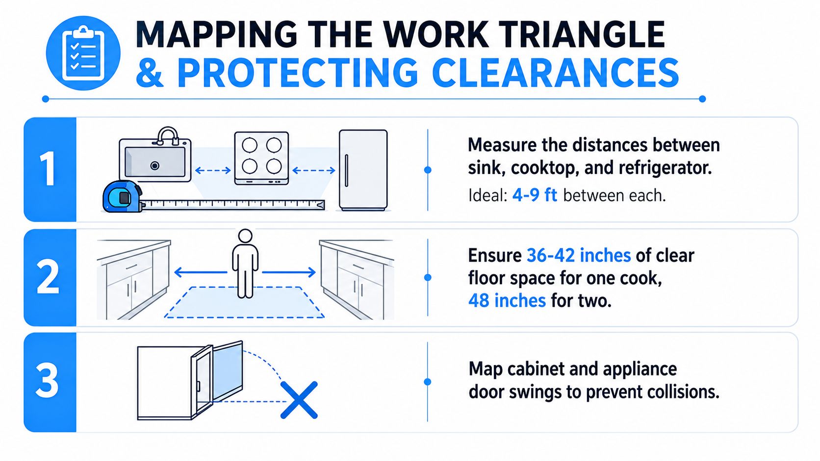 An infographic showing three steps to map a kitchen work triangle and maintain safe clearance spaces.