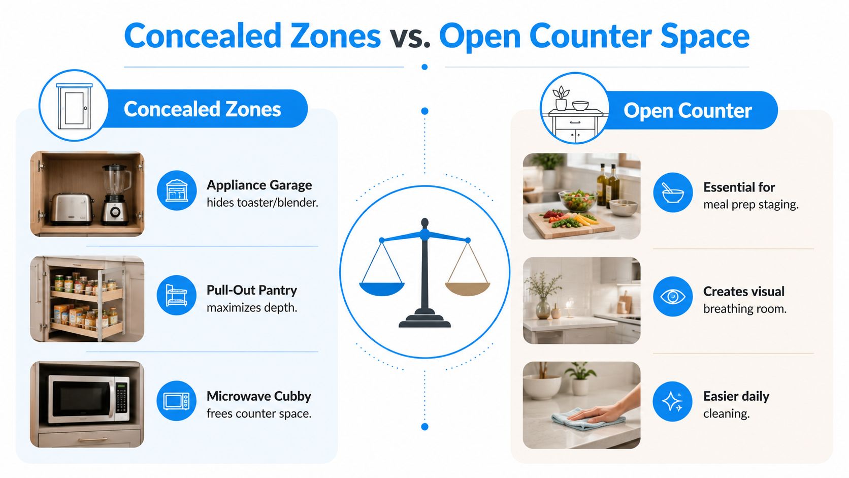 A comparison infographic showing the benefits of concealed kitchen storage zones versus open counter space.