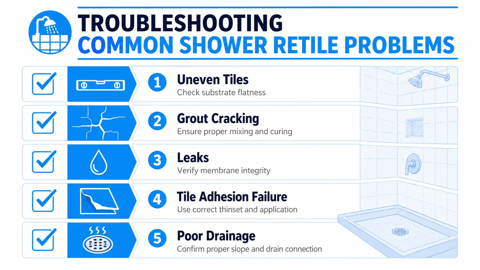 A troubleshooting infographic illustrating five common problems encountered when retiling a shower, including uneven tiles, grout cracking, leaks, tile adhesion failure, and poor drainage.