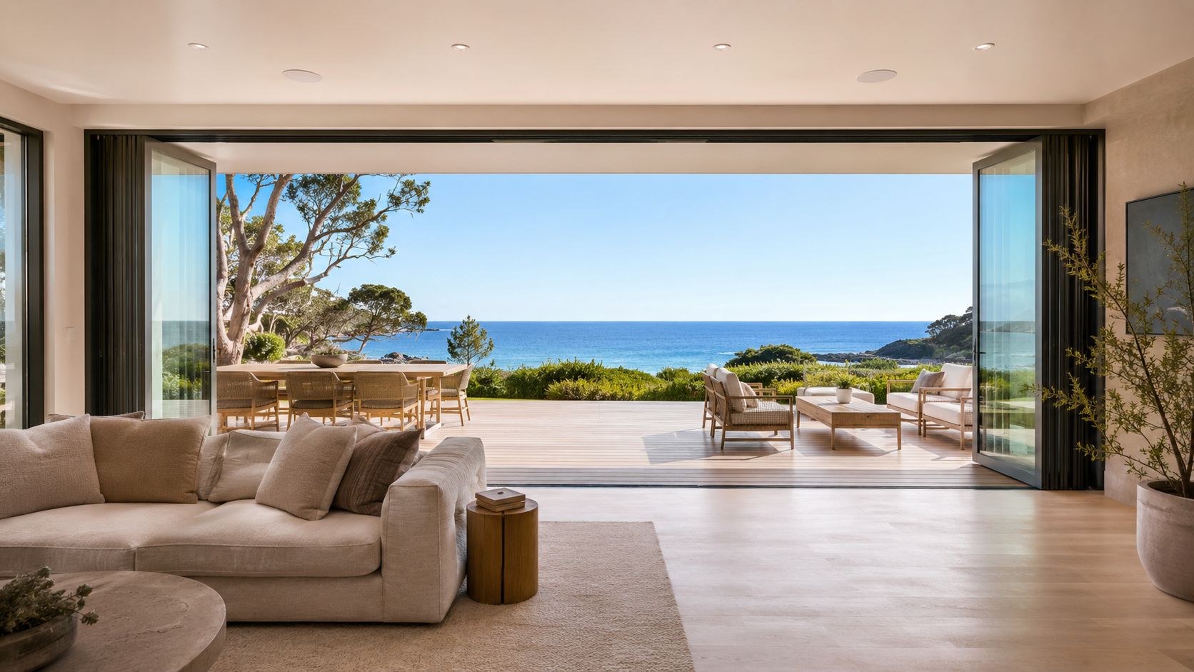 A luxurious living room opens via wide folding doors to a sunny wooden deck overlooking the ocean.