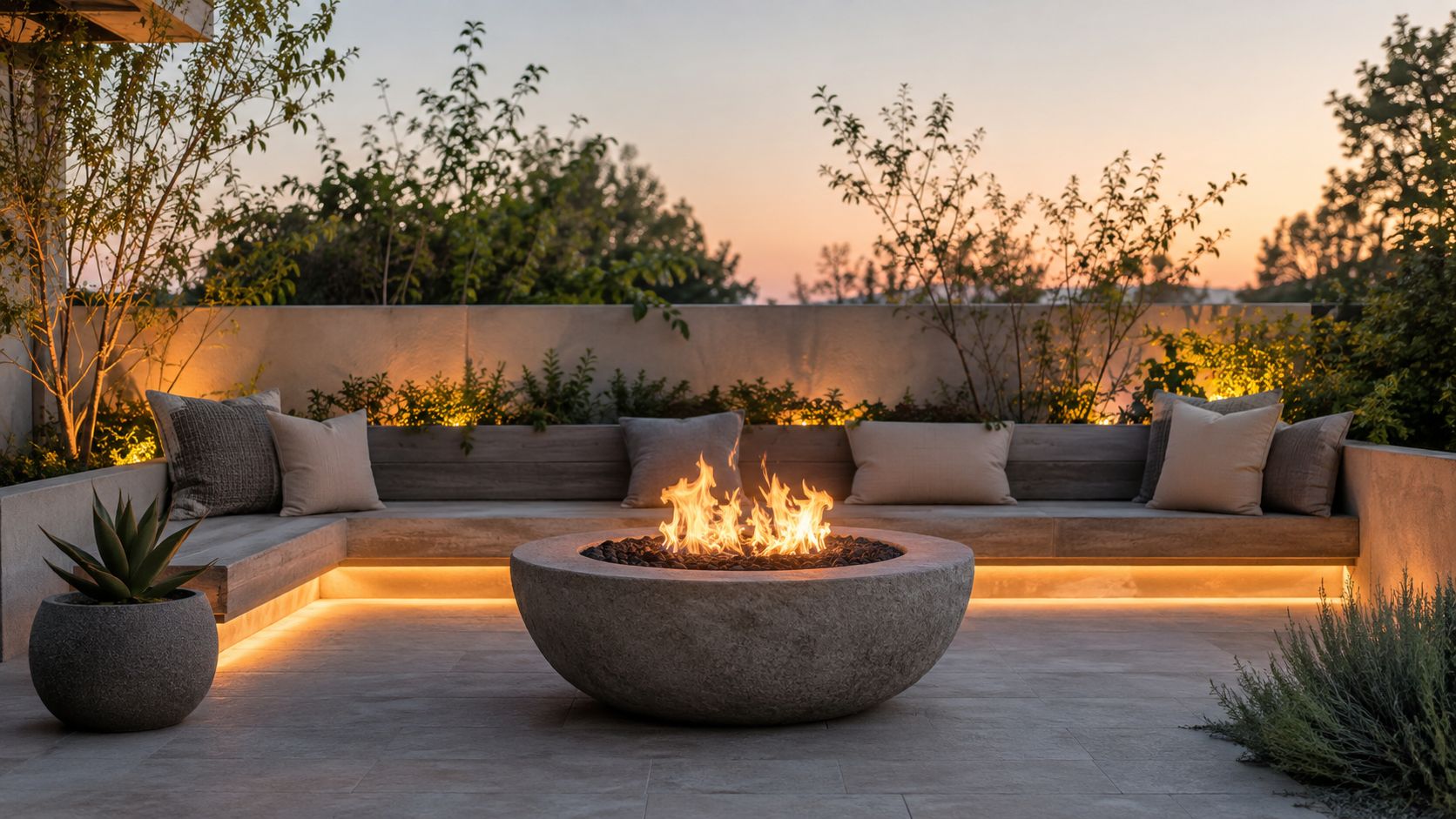 A modern outdoor patio featuring a stone fire pit, built-in bench seating, and ambient evening lighting.