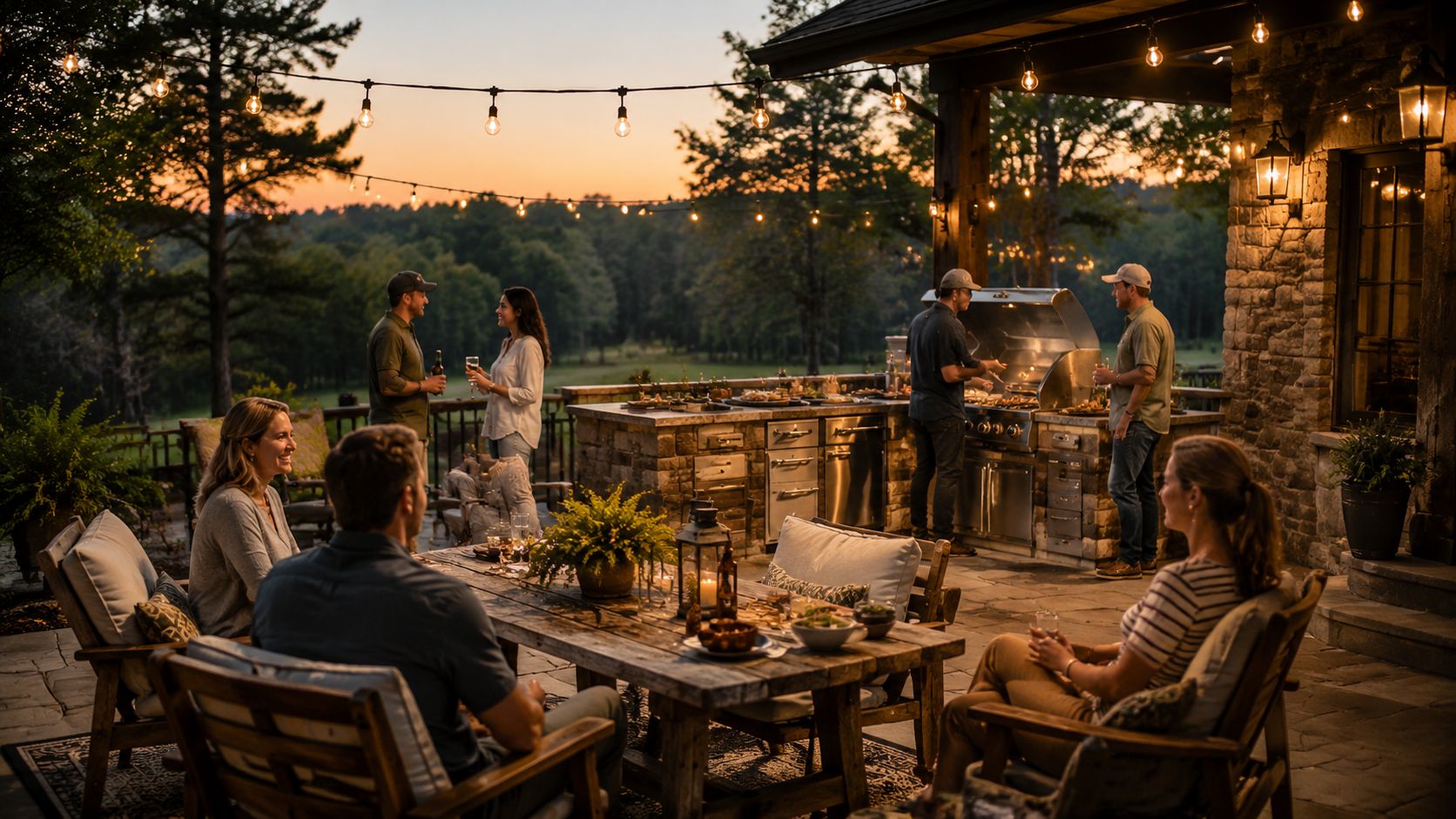 A group of friends enjoys an evening meal and conversation at an outdoor kitchen patio at sunset.