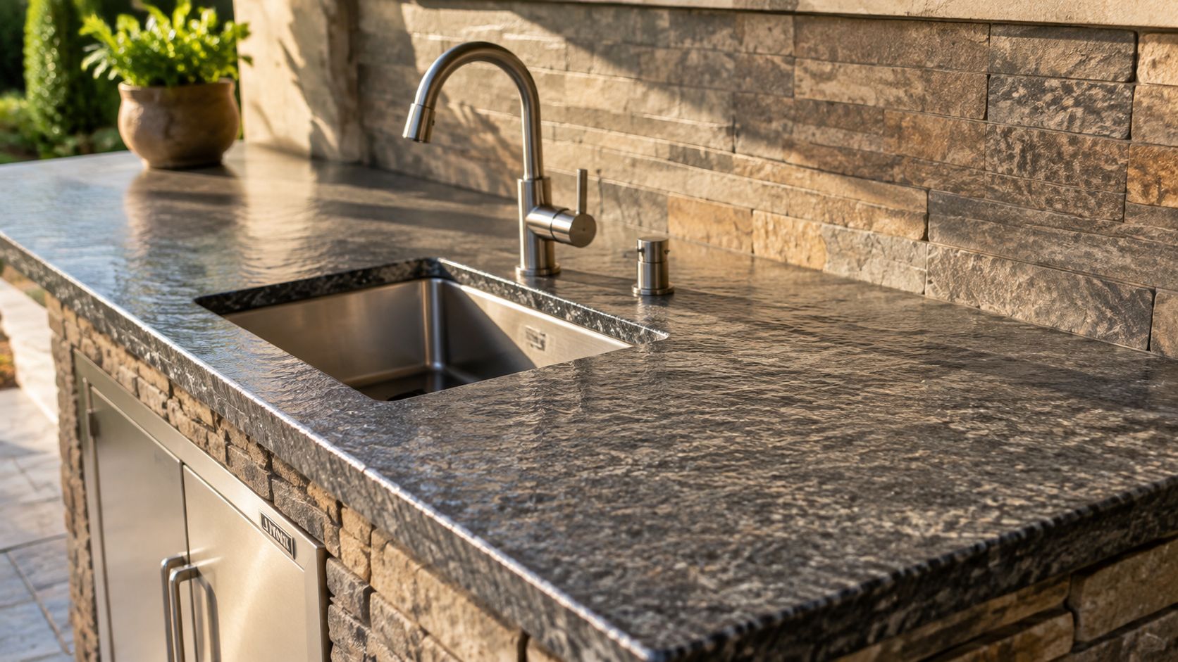 A luxurious outdoor kitchen featuring a stone countertop, stainless steel sink, and modern faucet in a backyard.