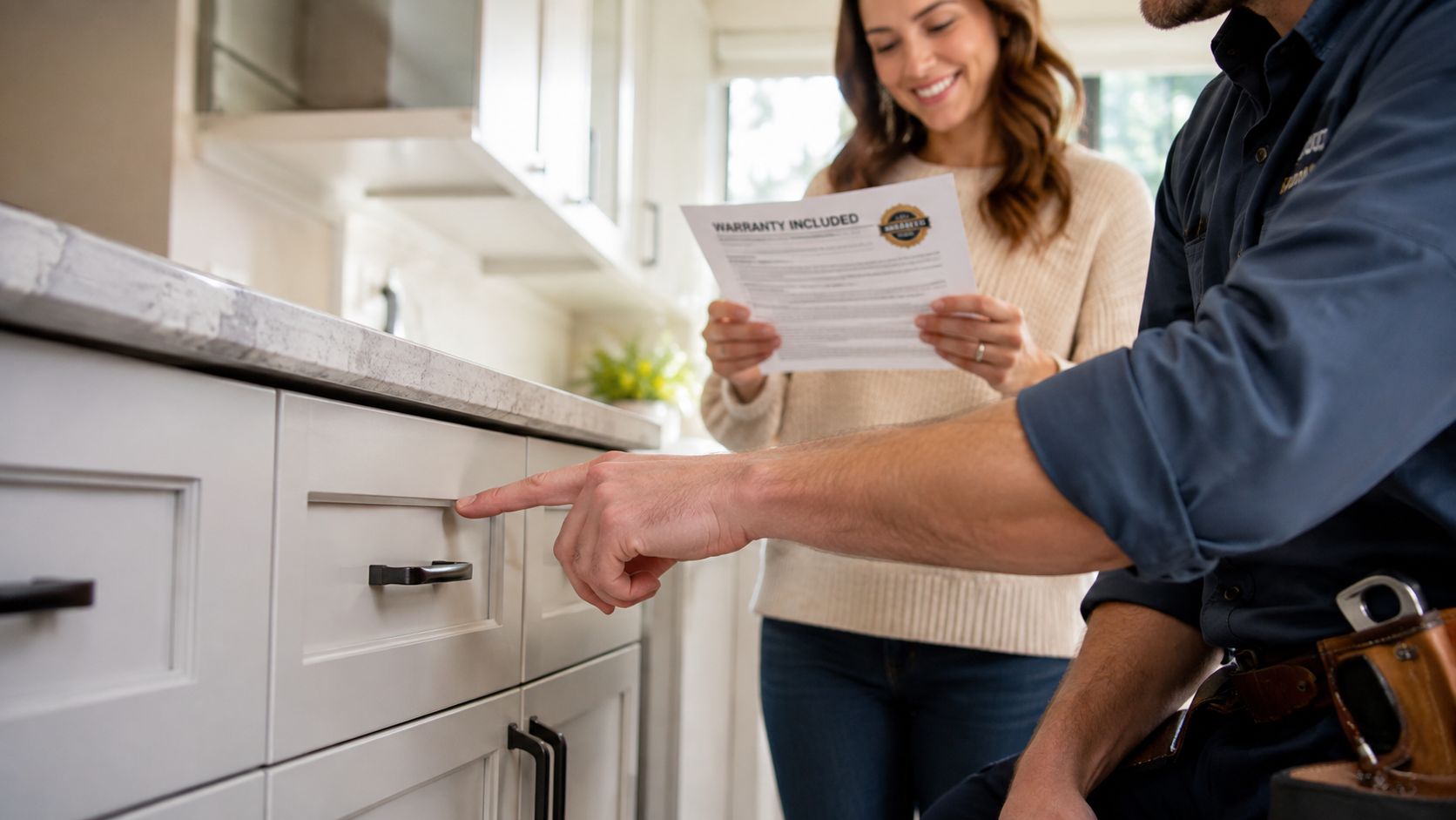 A professional technician points to a kitchen cabinet while explaining warranty documents to a smiling female homeowner.