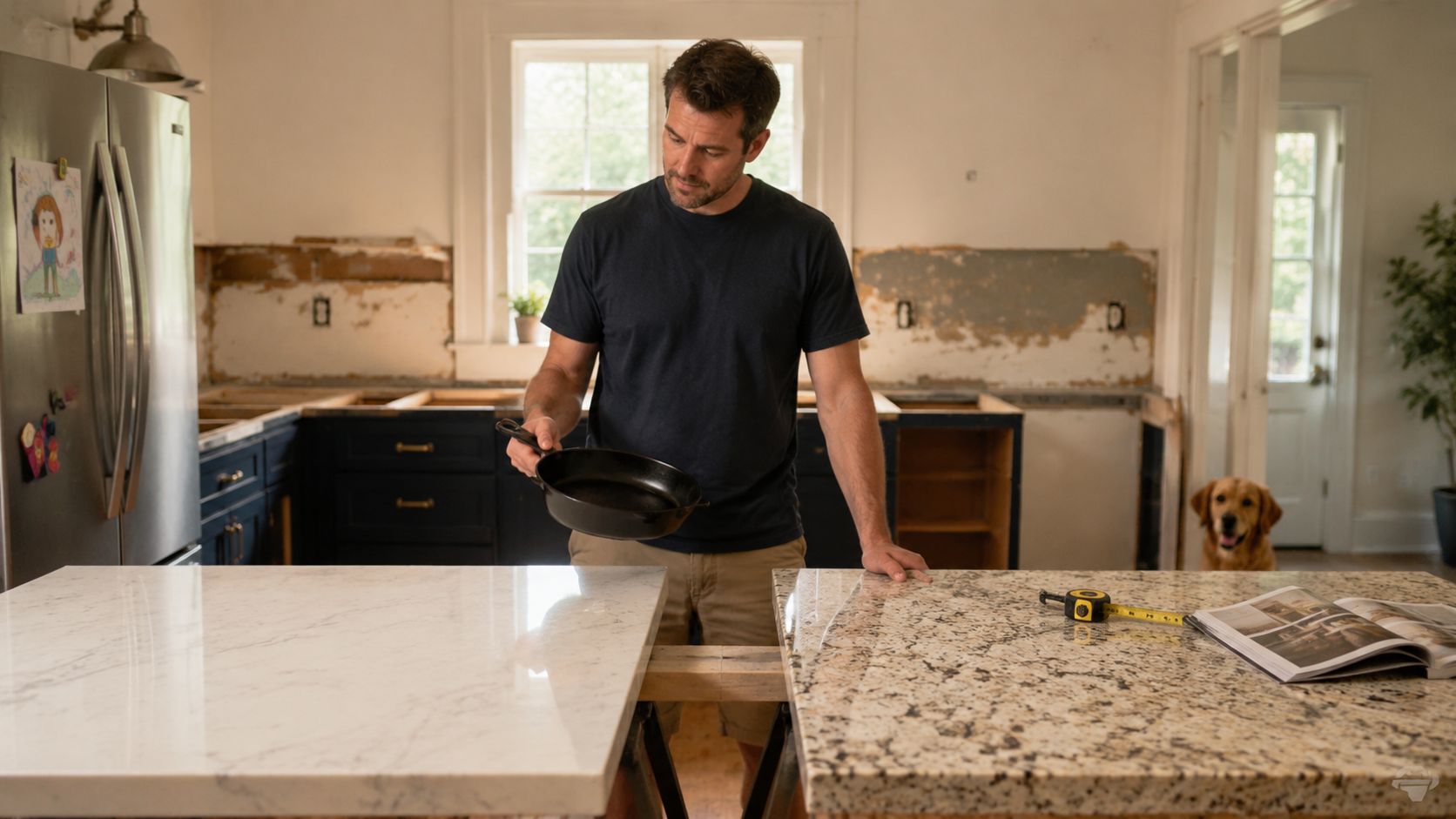 A man holds a skillet in a kitchen undergoing renovation with marble and granite countertop samples.