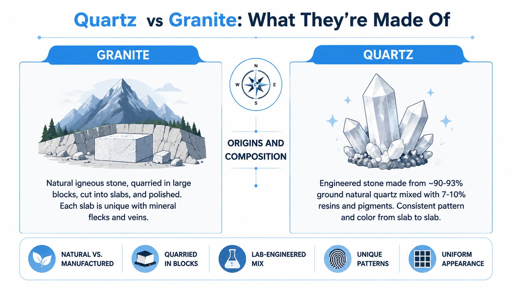 An infographic comparing the origins and composition of natural granite versus engineered quartz countertop materials.