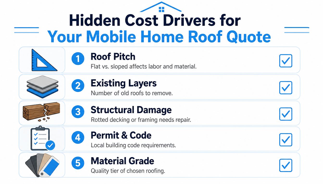 A list graphic illustrating five hidden factors that influence the total cost of a mobile home roof replacement.