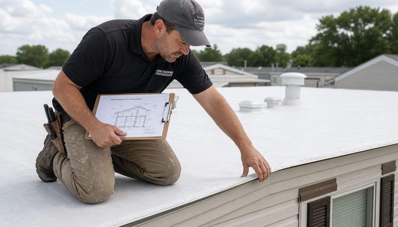 A professional roofing contractor inspecting a mobile home roof while holding a blueprint diagram on a clipboard.