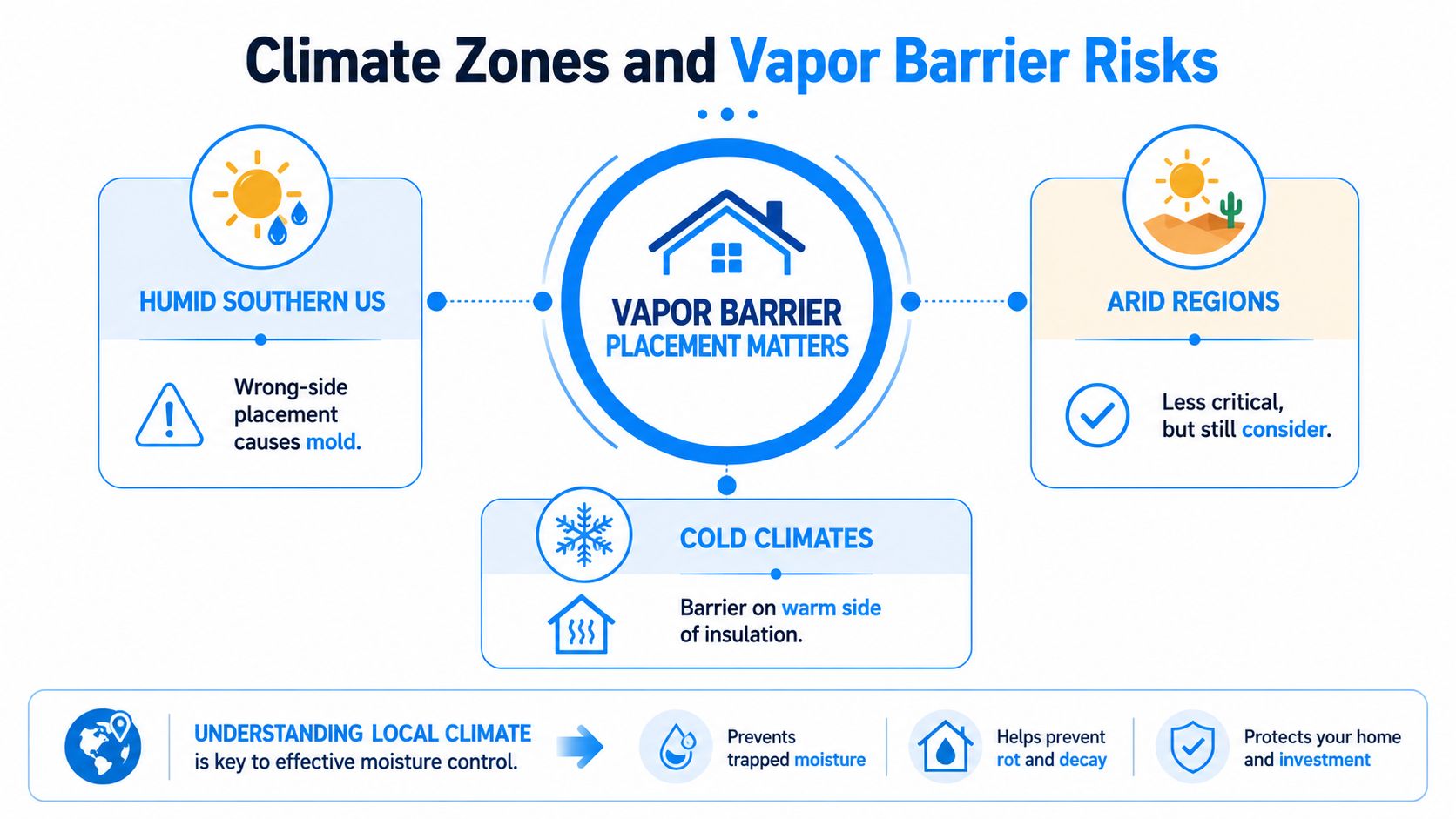 An infographic showing how vapor barrier placement affects homes differently across humid, arid, and cold climate zones.
