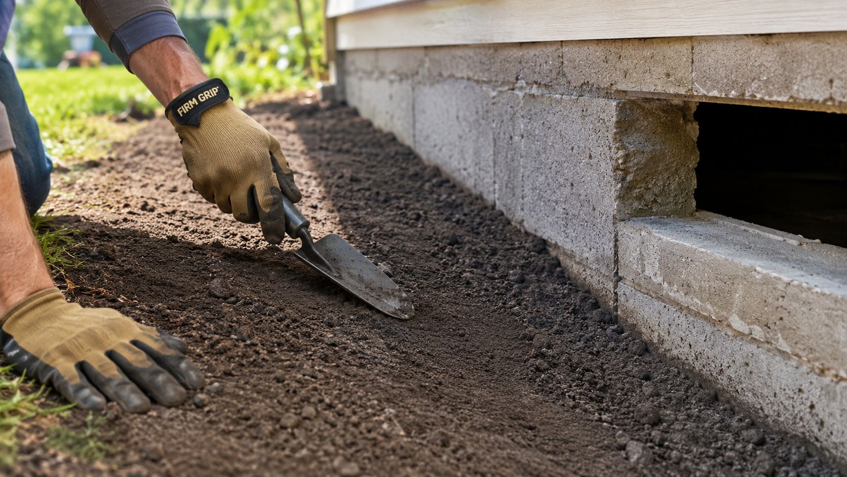 A person wearing work gloves using a trowel to dig or smooth soil near a foundation wall.
