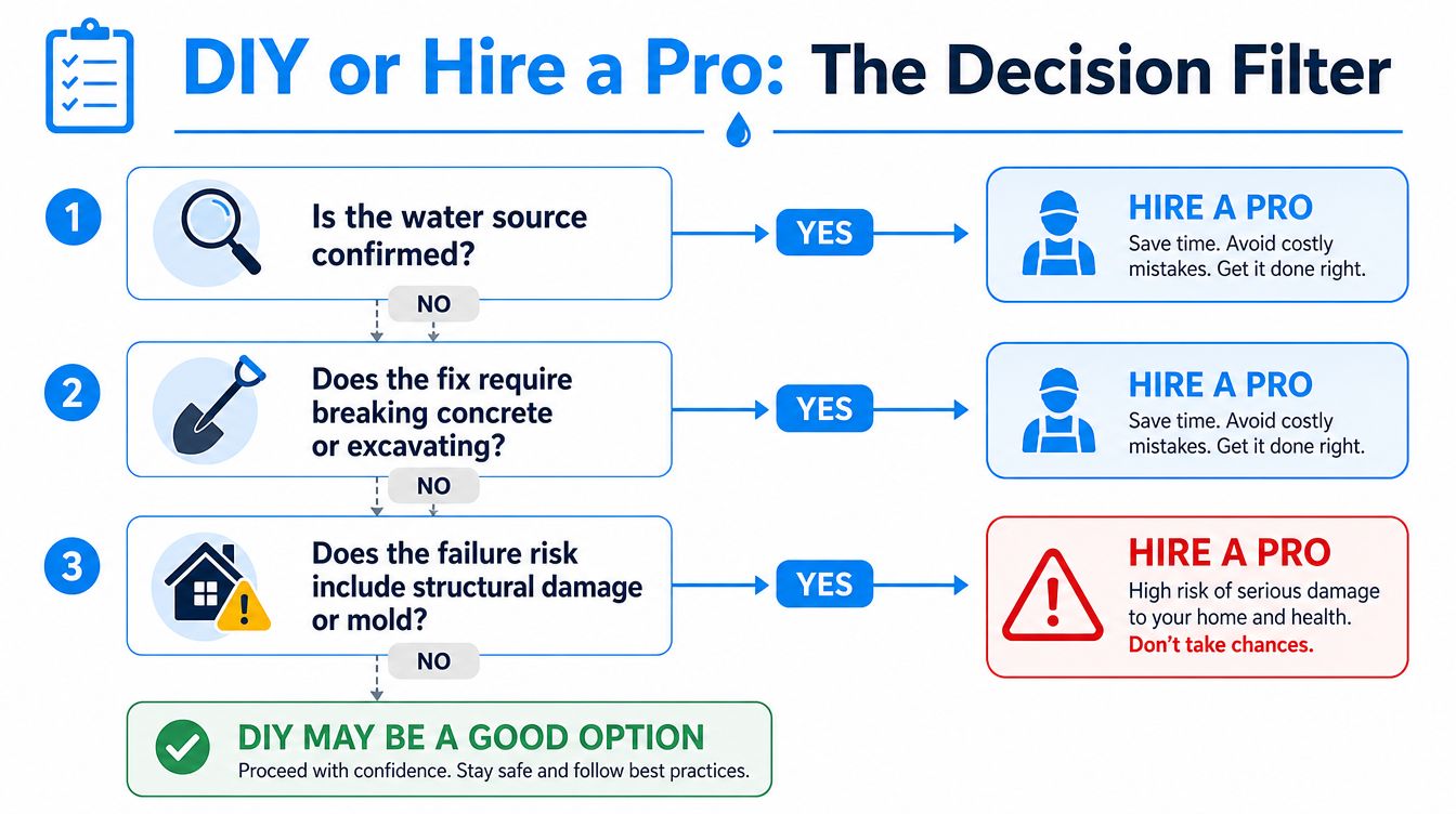 A decision flowchart illustrating when to hire a professional versus DIY for basement waterproofing tasks.