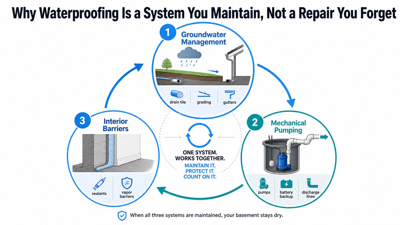 A diagram illustrating a three-part basement waterproofing system including groundwater management, mechanical pumping, and interior barriers.