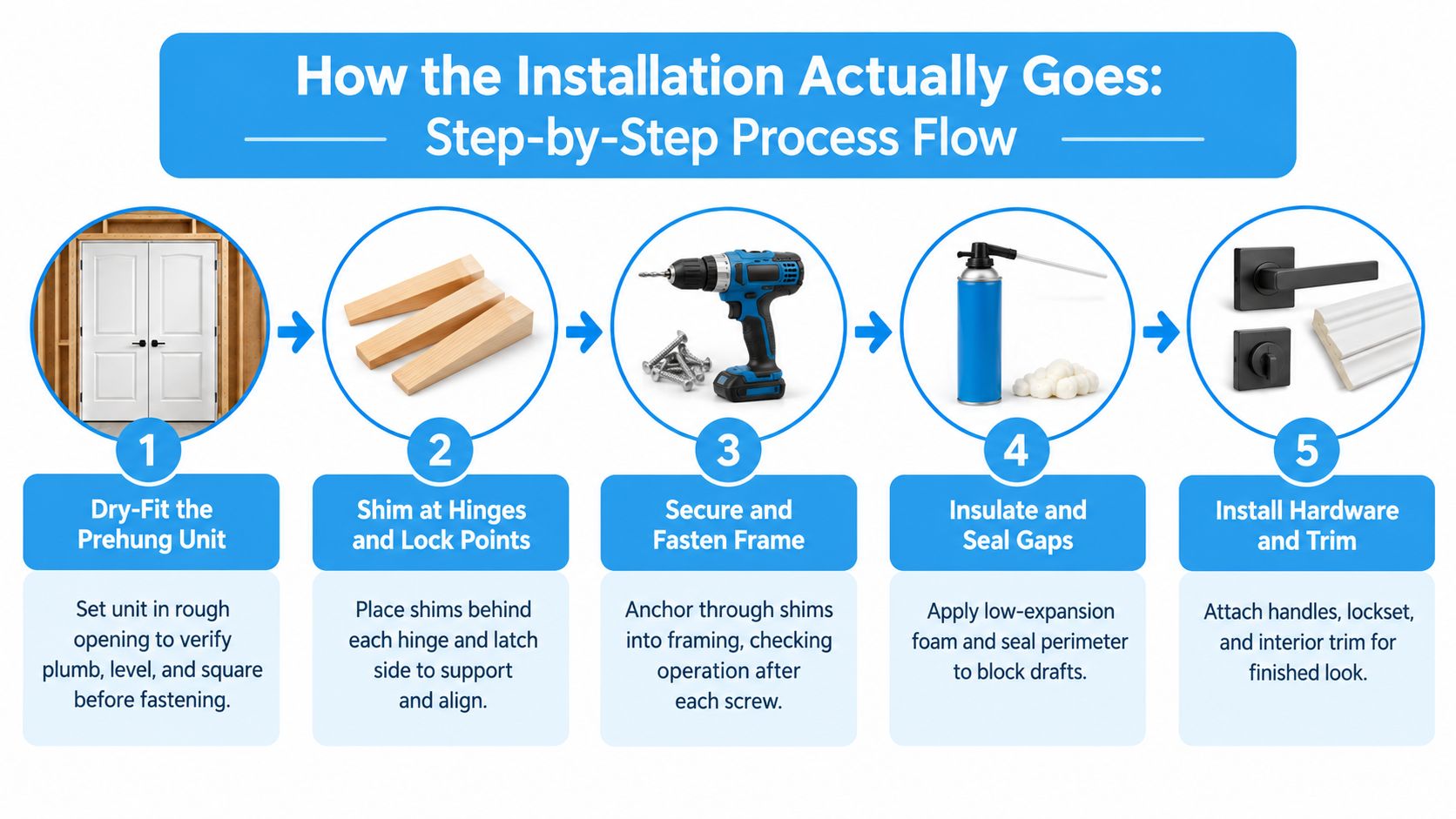 A step-by-step infographic illustrating the professional process for installing prehung french double doors in a home.