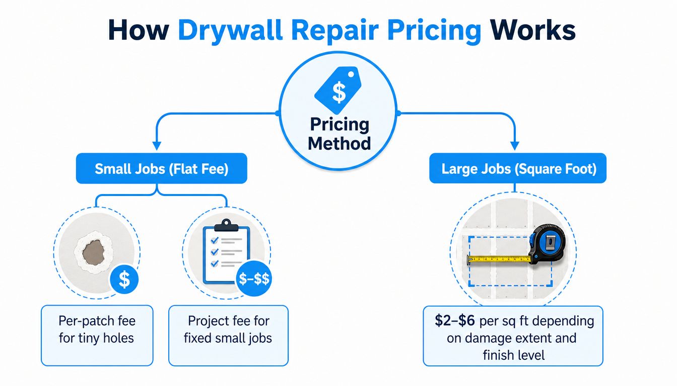 A flowchart infographic explaining that drywall repair pricing is determined by flat fees for small jobs or square footage for large projects.
