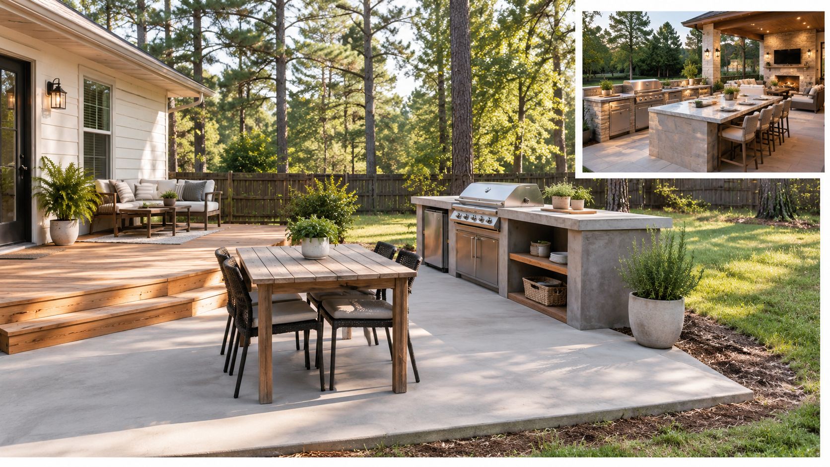 A luxurious backyard patio featuring a modern outdoor kitchen with a grill and dining area.