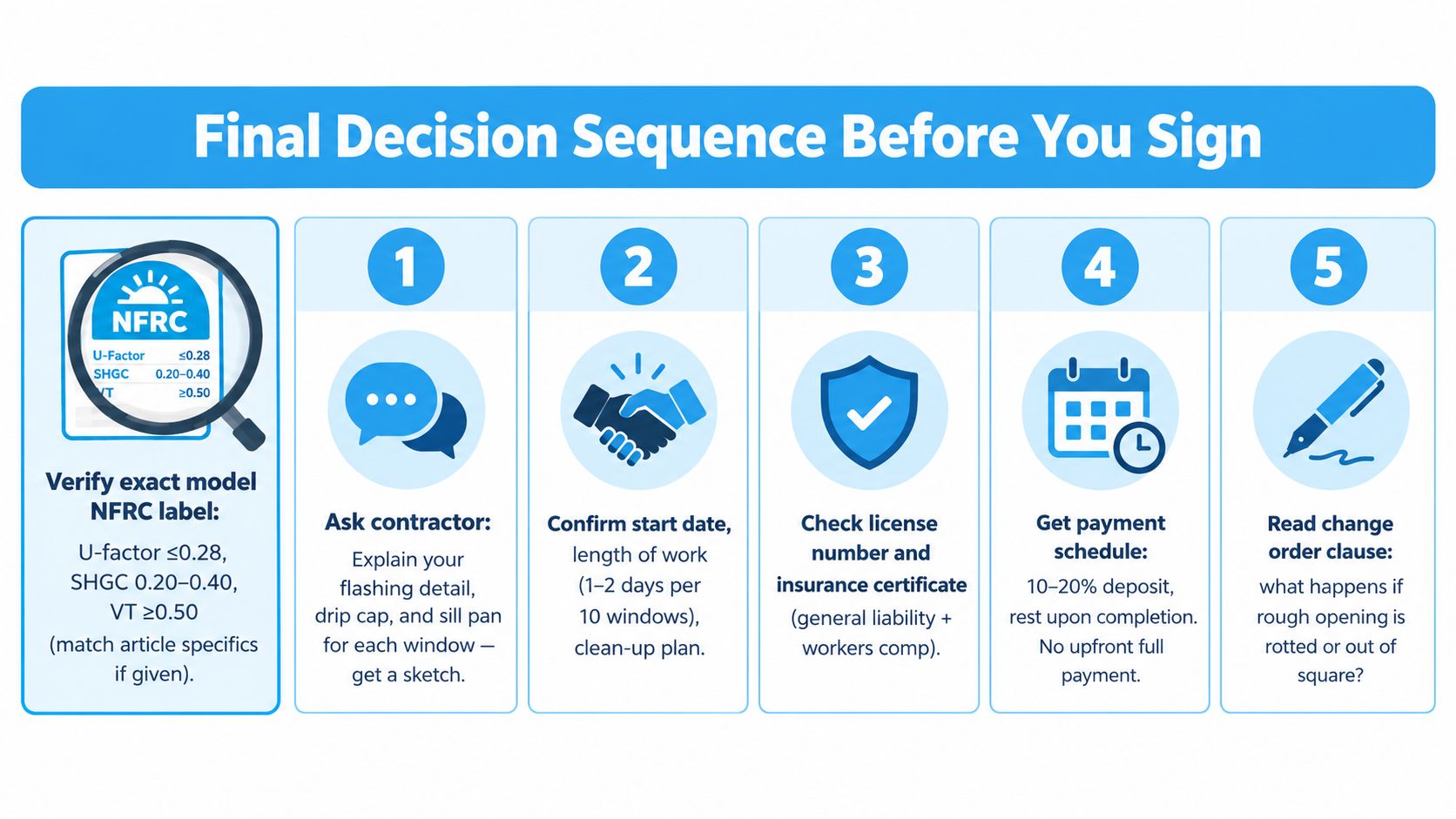 A five-step checklist illustrating the final decisions to make before signing a home window replacement contract.