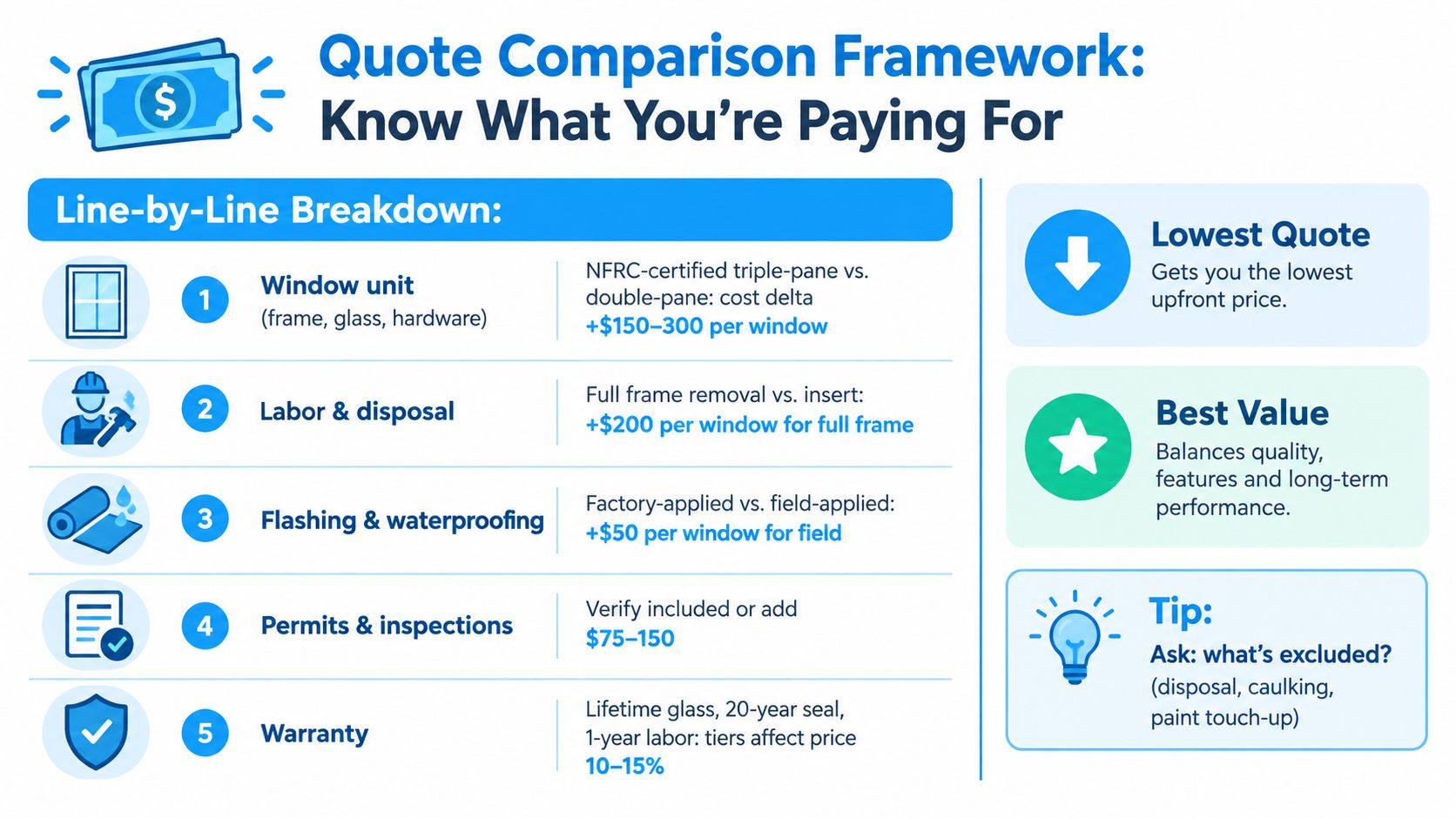 An infographic titled Quote Comparison Framework explaining five cost factors for purchasing replacement windows.