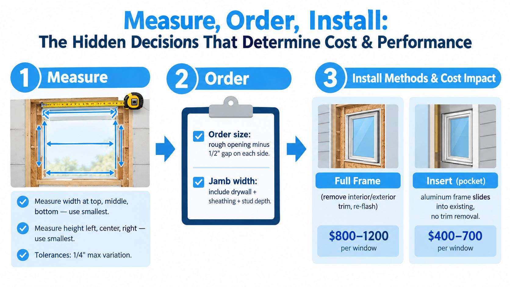 A diagram illustrating the three essential steps to measure, order, and install replacement windows for a home.