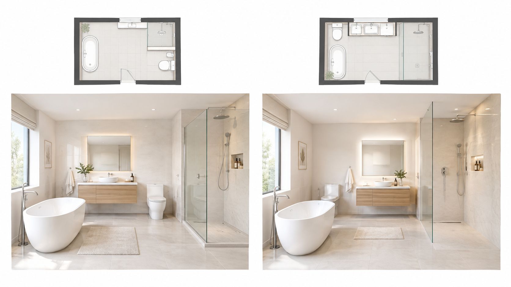 Comparison of two modern bathroom floor plan designs showcasing different layouts with tubs, showers, and vanities.