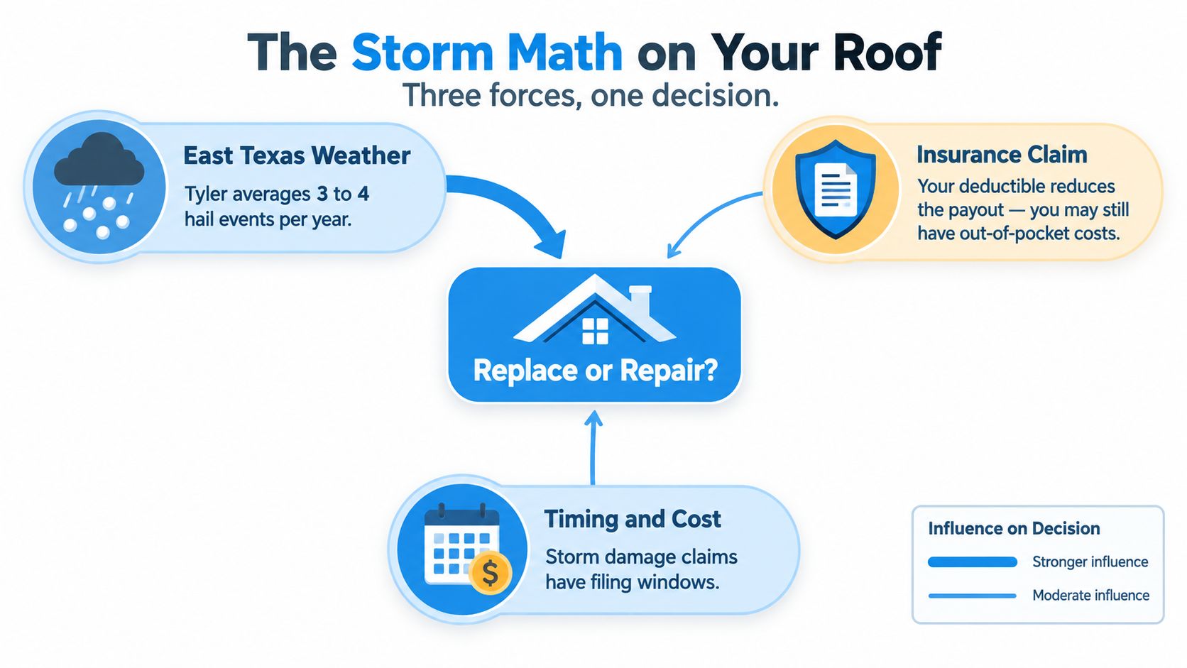 A diagram illustrating factors influencing the decision to replace or repair a storm-damaged roof in East Texas.