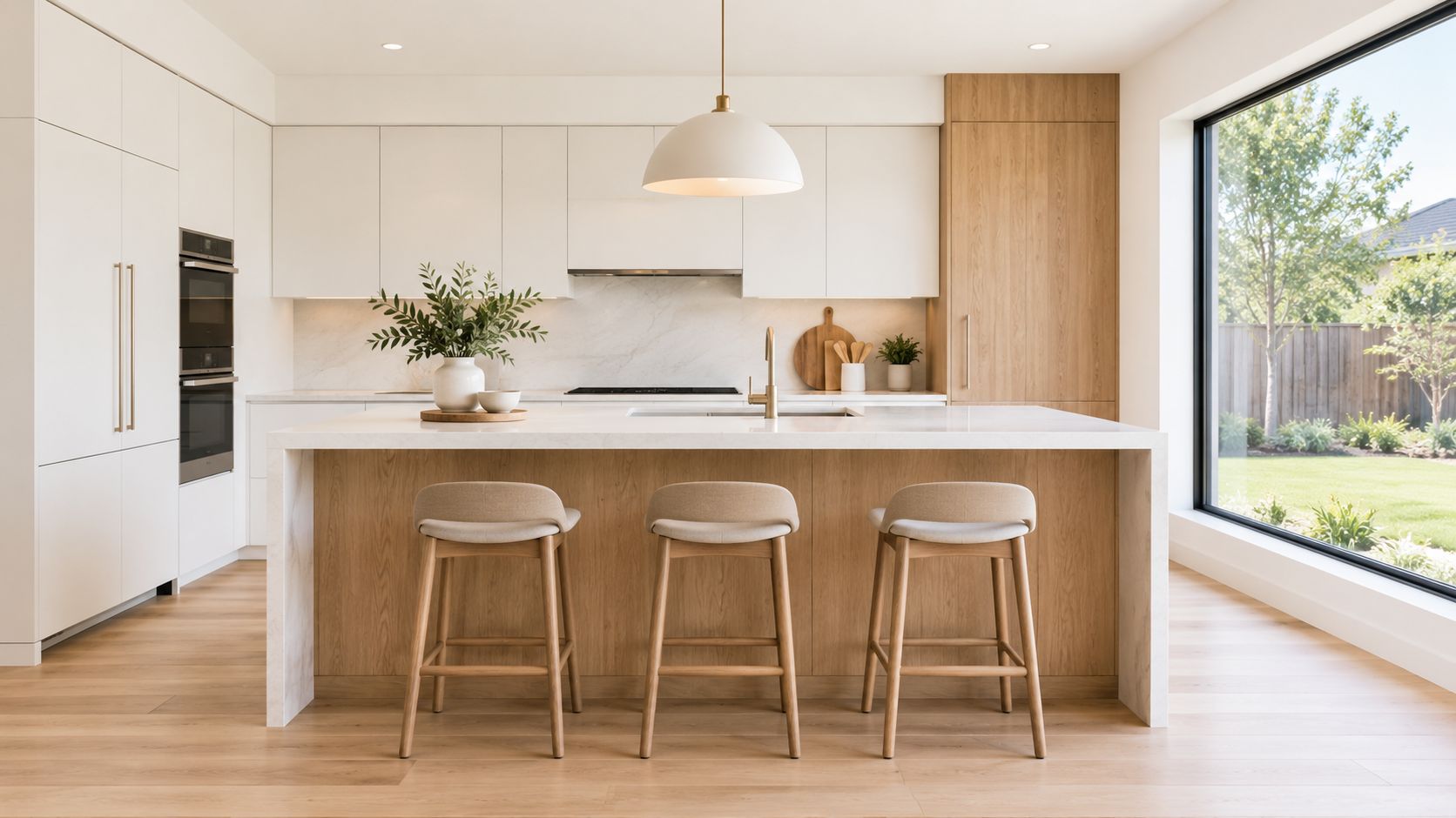 A modern kitchen with white cabinetry, light wood accents, a large island, and bar stools in sunshine.