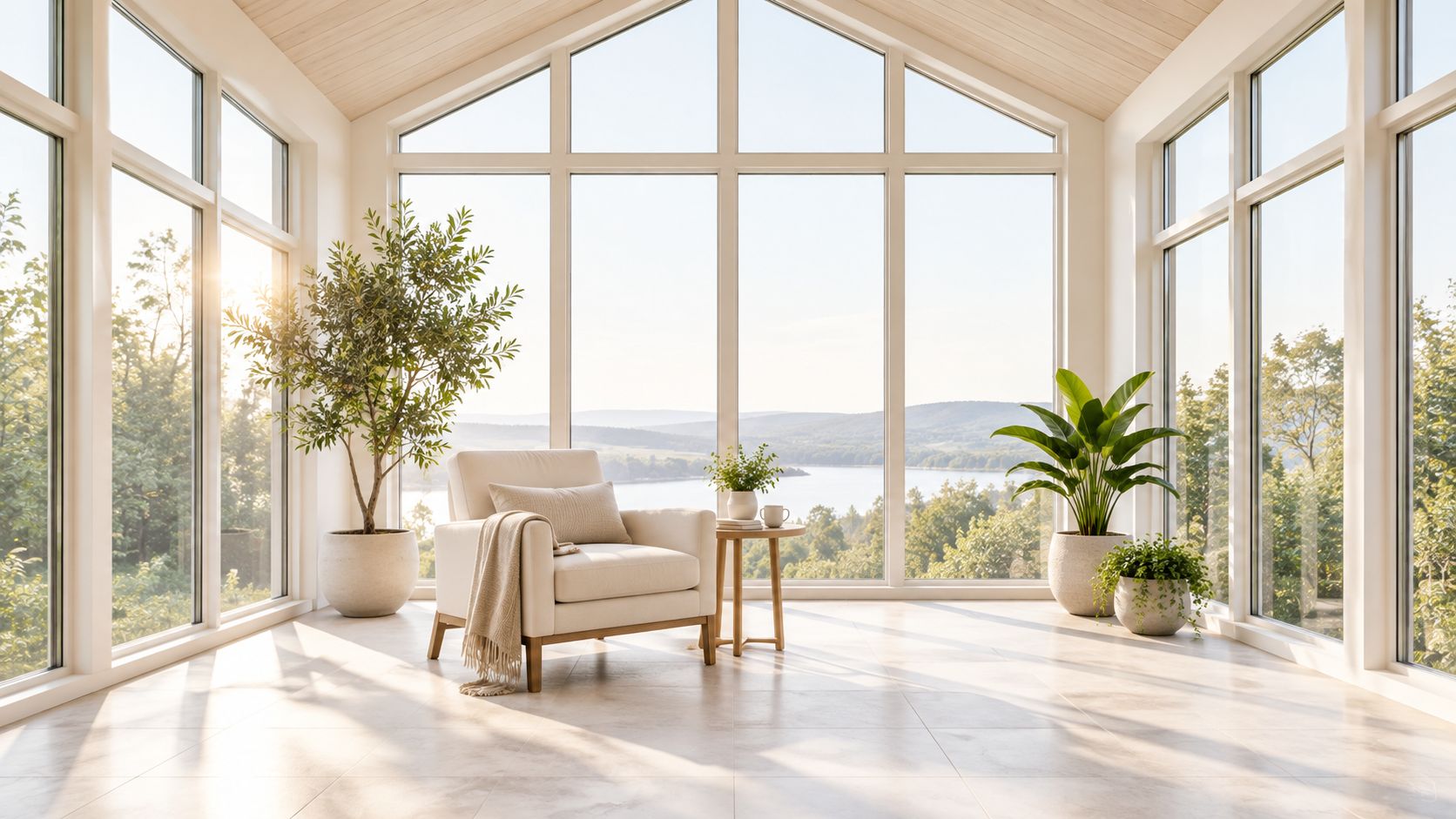 A bright sunlit sunroom featuring a comfortable armchair, decorative plants, and large windows with scenic lake views.