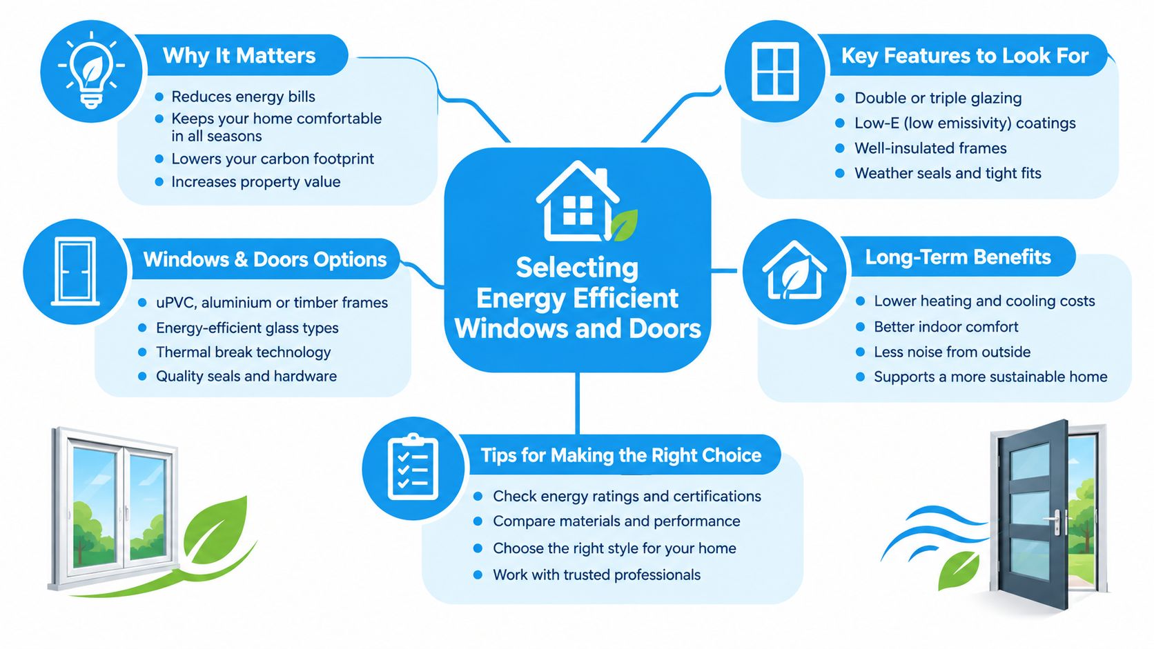 An infographic titled Selecting Energy Efficient Windows and Doors detailing features, benefits, and tips for choosing them.