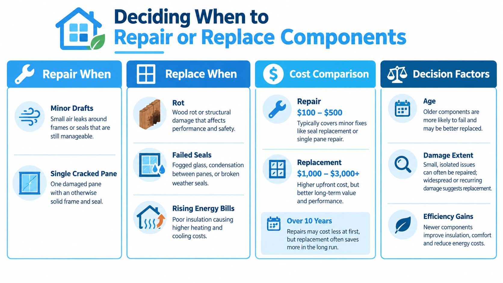 An infographic titled Deciding When to Repair or Replace Components for windows and home exterior features.