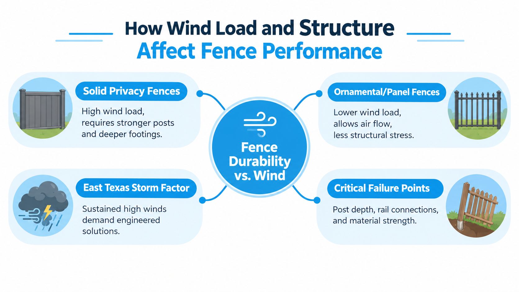 An infographic showing how different fence structures and wind loads affect fence durability and performance.