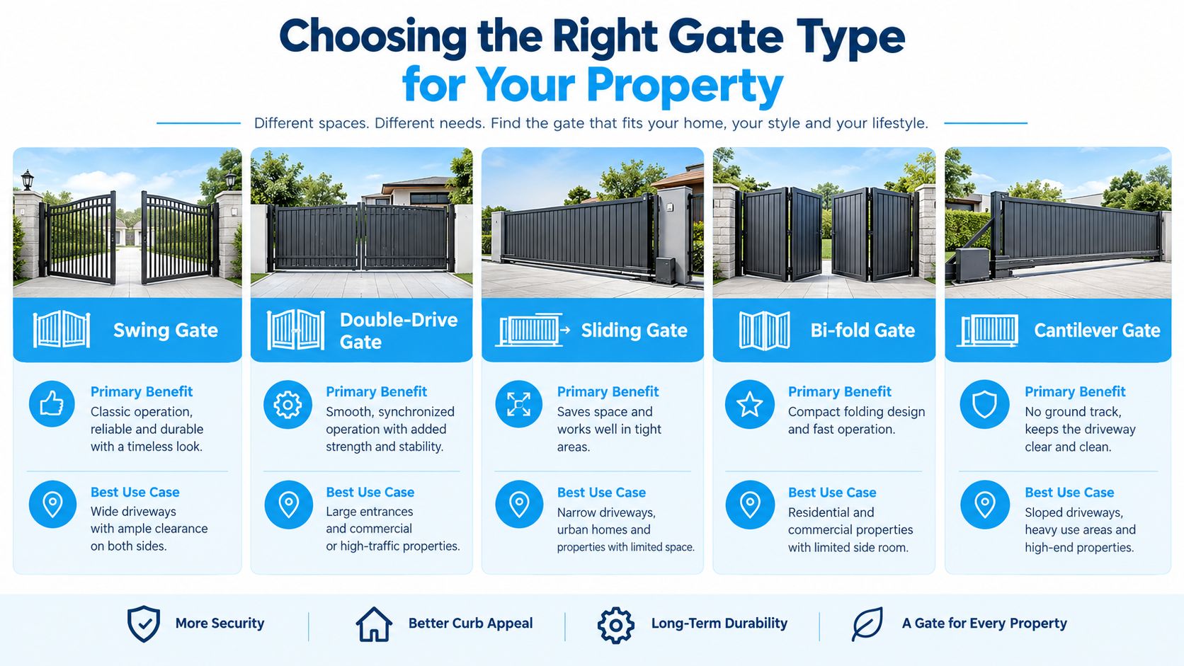 A comparison chart showing five different gate types including swing, double-drive, sliding, bi-fold, and cantilever gate designs.