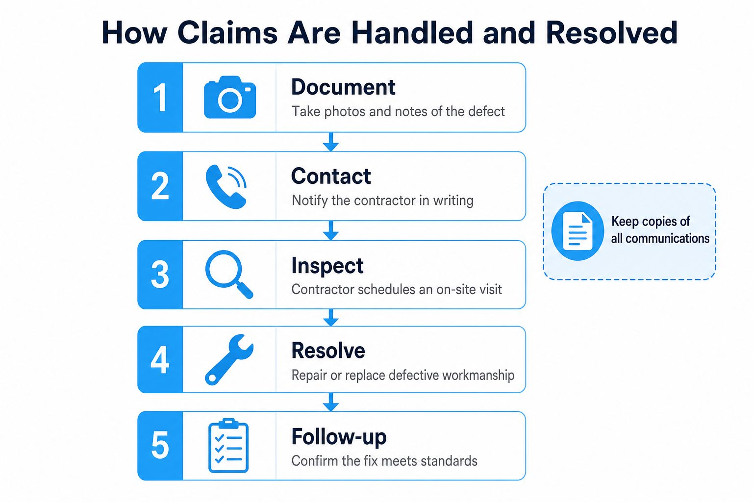A five-step infographic showing the process for handling and resolving contractor workmanship defect claims.