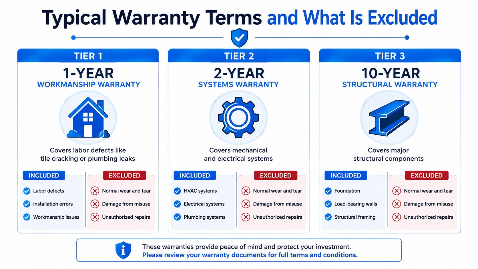 A chart detailing the typical three-tier home warranty terms, including 1-year workmanship, 2-year systems, and 10-year structural coverage.