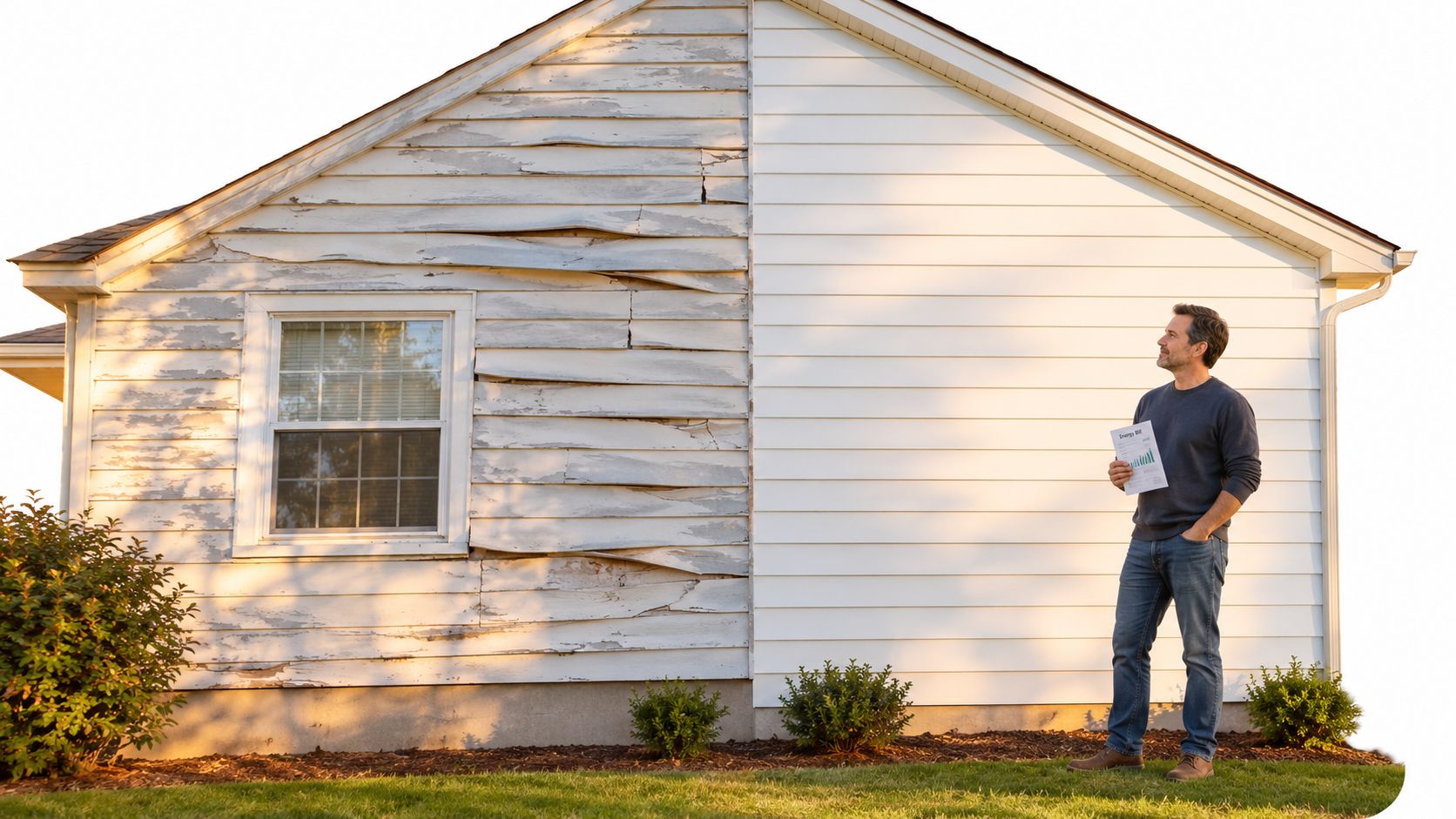 A man standing in front of a house featuring a contrast between damaged and repaired vinyl siding.