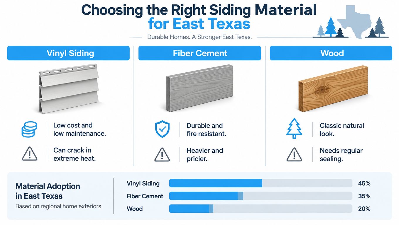 An infographic comparing vinyl, fiber cement, and wood siding options for homes in East Texas.