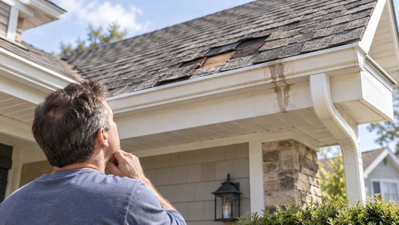 A concerned homeowner looking up at damaged roof shingles and water stains on their house exterior.
